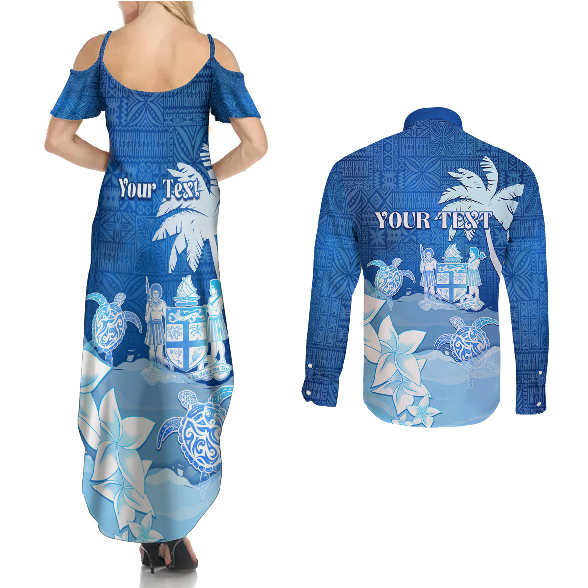 Personalised Bula Fiji Couples Matching Summer Maxi Dress and Long Sleeve Button Shirt Fijian Masi Pattern With Blue Coat Of Arms LT05 - Polynesian Pride