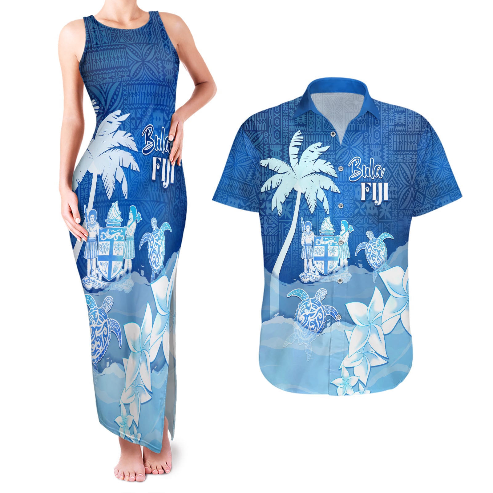 Personalised Bula Fiji Couples Matching Tank Maxi Dress and Hawaiian Shirt Fijian Masi Pattern With Blue Coat Of Arms LT05 Blue - Polynesian Pride