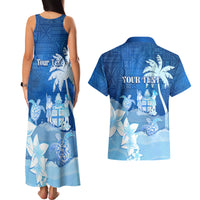 Personalised Bula Fiji Couples Matching Tank Maxi Dress and Hawaiian Shirt Fijian Masi Pattern With Blue Coat Of Arms LT05 - Polynesian Pride