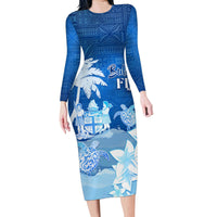 Personalised Bula Fiji Family Matching Long Sleeve Bodycon Dress and Hawaiian Shirt Fijian Masi Pattern With Blue Coat Of Arms LT05 Mom's Dress Blue - Polynesian Pride