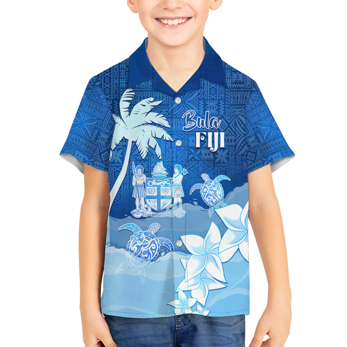 Personalised Bula Fiji Family Matching Long Sleeve Bodycon Dress and Hawaiian Shirt Fijian Masi Pattern With Blue Coat Of Arms LT05 Son's Shirt Blue - Polynesian Pride
