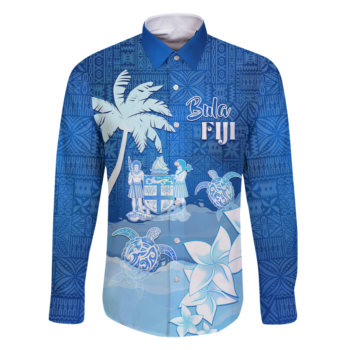 Personalised Bula Fiji Family Matching Tank Maxi Dress and Hawaiian Shirt Fijian Masi Pattern With Blue Coat Of Arms LT05 Dad's Shirt - Long Sleeve Blue - Polynesian Pride