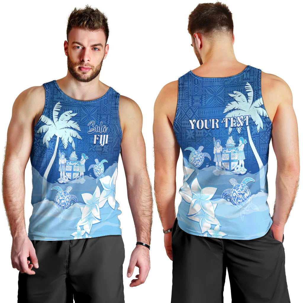 Personalised Bula Fiji Men Tank Top Fijian Masi Pattern With Blue Coat Of Arms LT05 - Polynesian Pride