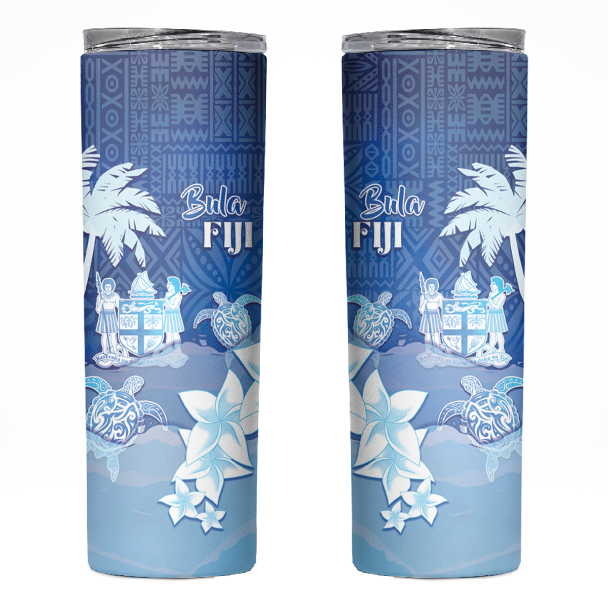 Bula Fiji Skinny Tumbler Fijian Masi Pattern With Blue Coat Of Arms