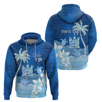 Personalised Bula Fiji Zip Hoodie Fijian Masi Pattern With Blue Coat Of Arms LT05 - Polynesian Pride