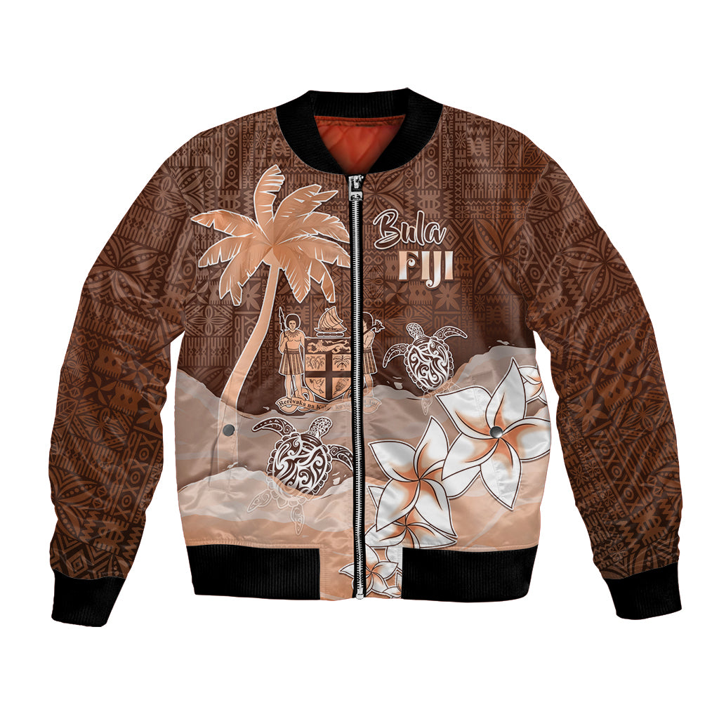 Personalised Bula Fiji Bomber Jacket Fijian Masi Pattern With Brown Coat Of Arms LT05 Unisex Brown - Polynesian Pride