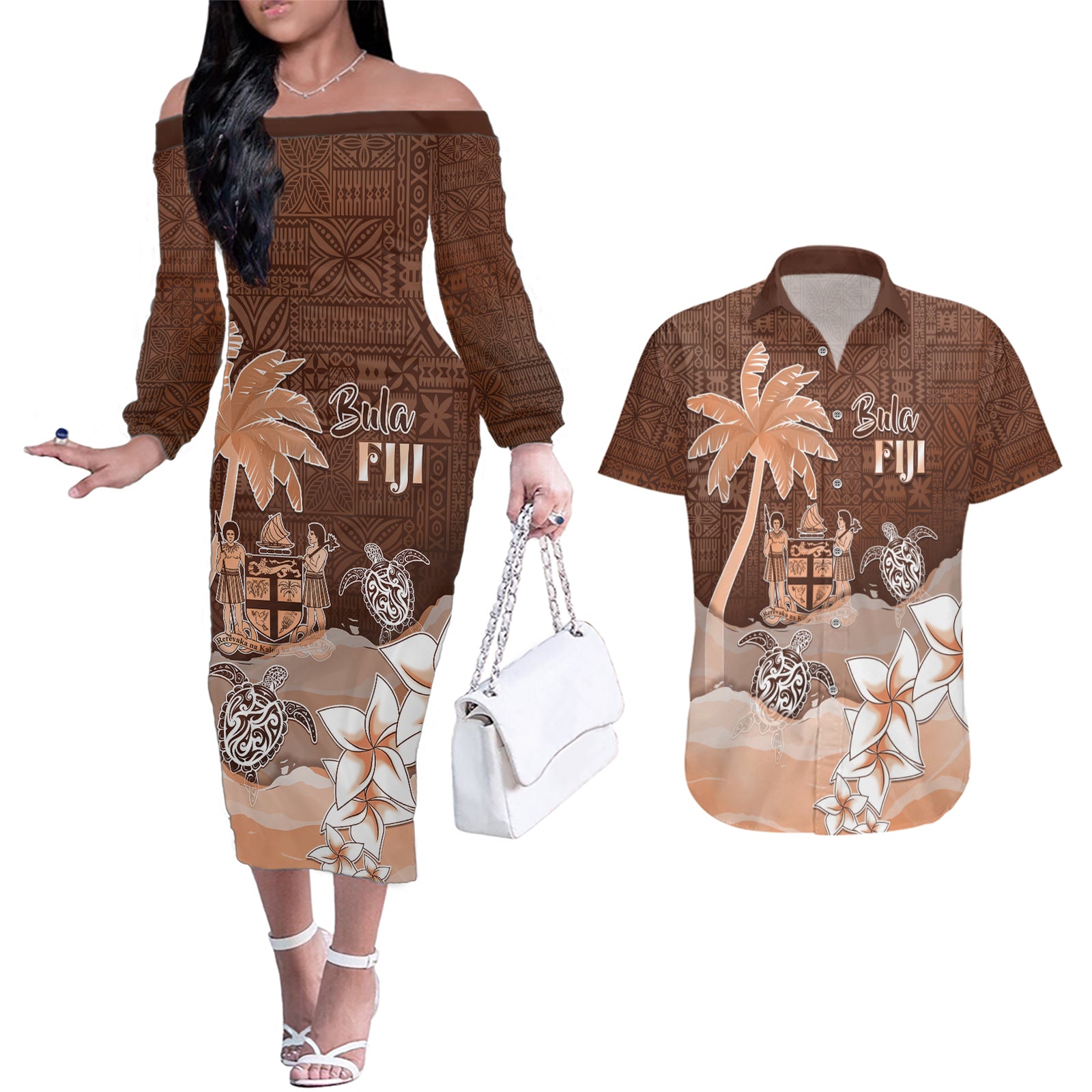 Personalised Bula Fiji Couples Matching Off The Shoulder Long Sleeve Dress and Hawaiian Shirt Fijian Masi Pattern With Brown Coat Of Arms LT05 Brown - Polynesian Pride