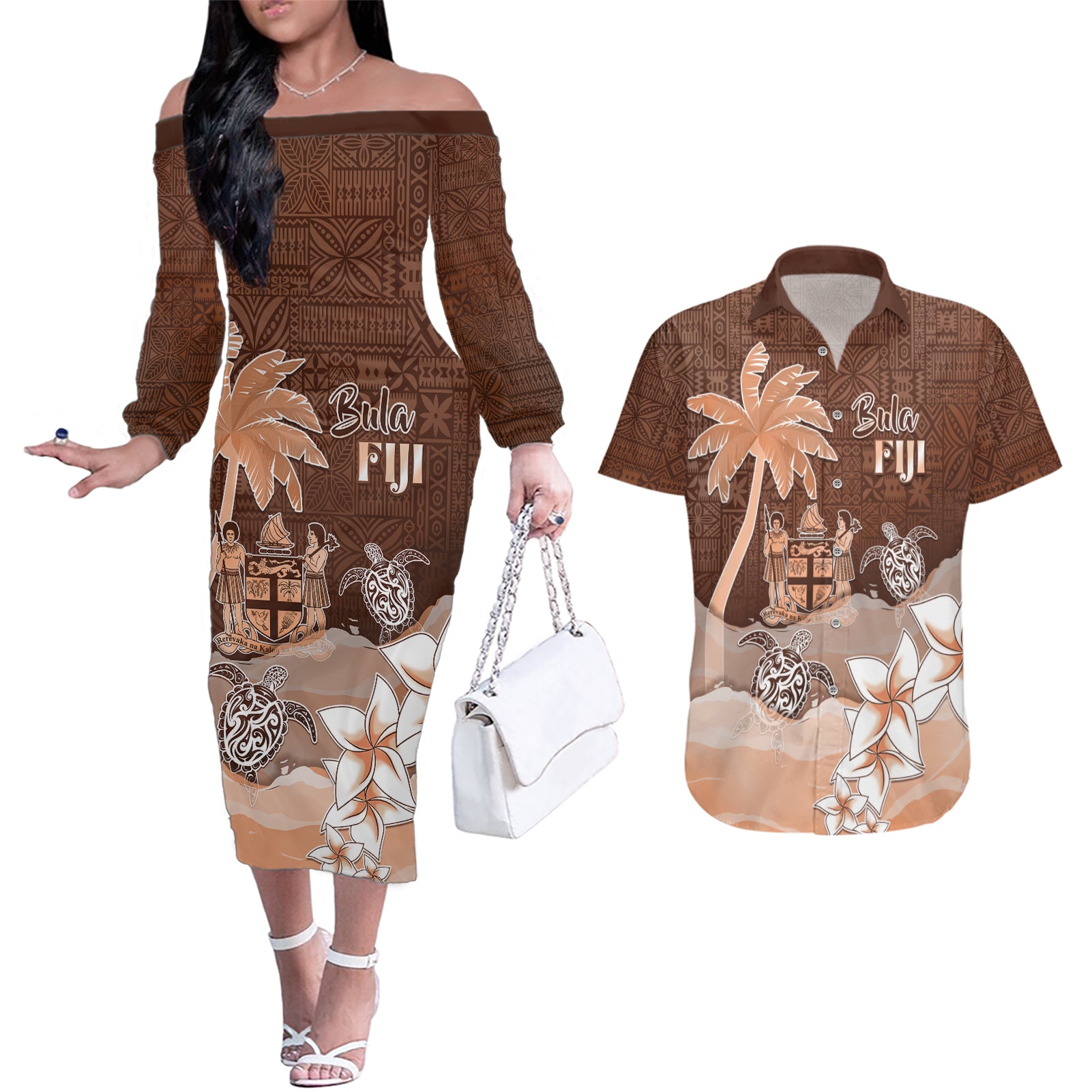 Personalised Bula Fiji Couples Matching Off The Shoulder Long Sleeve Dress and Hawaiian Shirt Fijian Masi Pattern With Brown Coat Of Arms LT05 Brown - Polynesian Pride