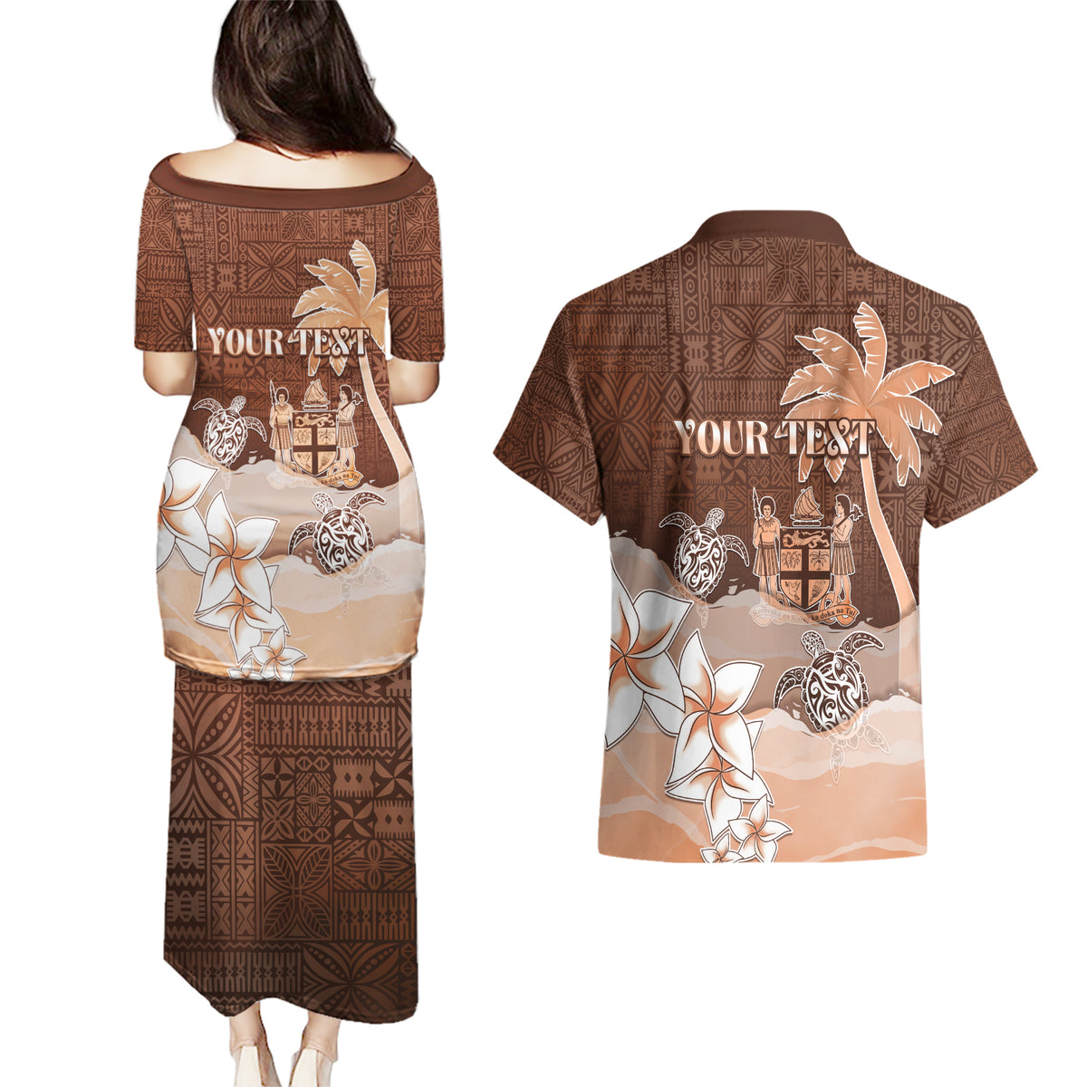Personalised Bula Fiji Couples Matching Puletasi and Hawaiian Shirt Fijian Masi Pattern With Brown Coat Of Arms LT05 - Polynesian Pride