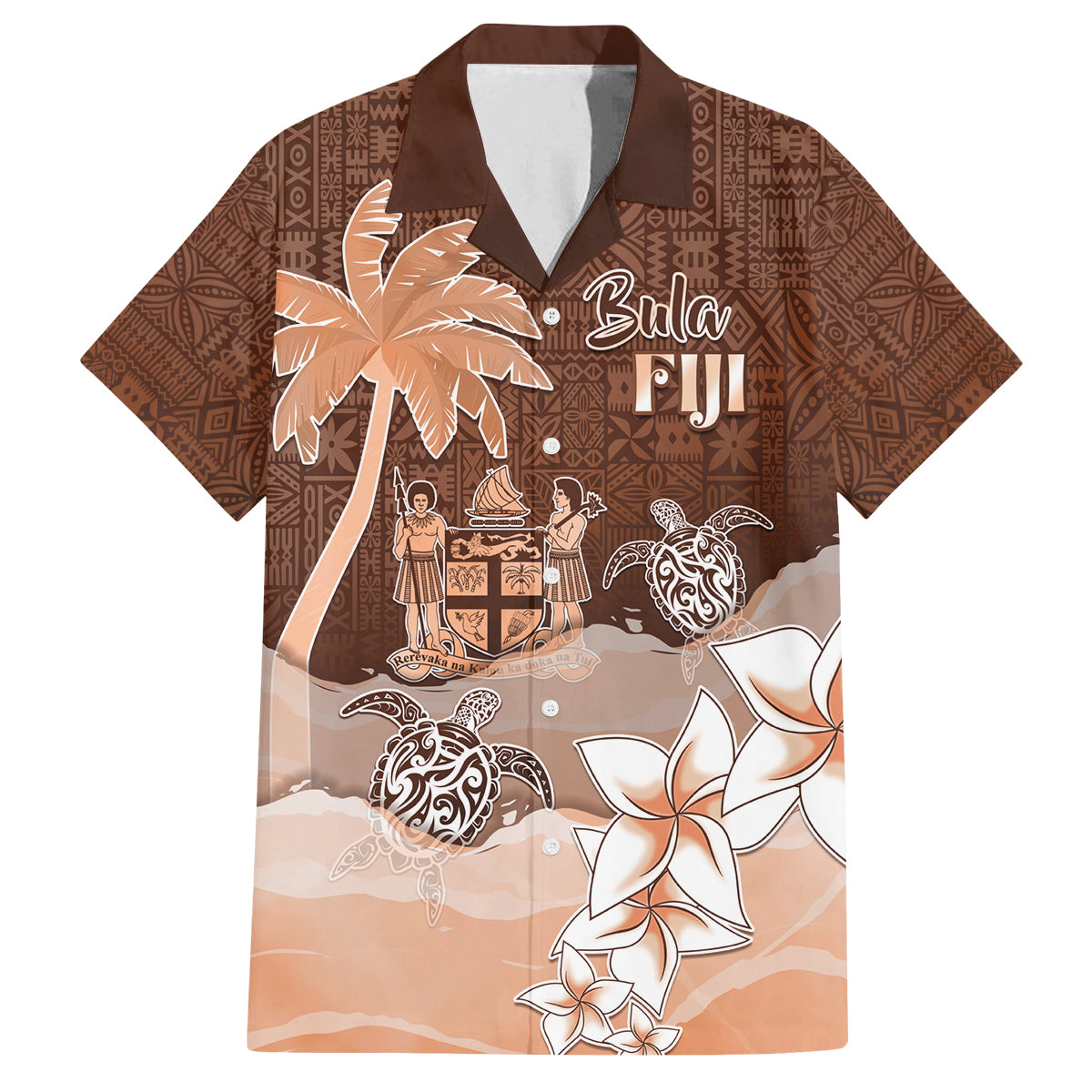 Personalised Bula Fiji Family Matching Off Shoulder Long Sleeve Dress and Hawaiian Shirt Fijian Masi Pattern With Brown Coat Of Arms LT05 Dad's Shirt - Short Sleeve Brown - Polynesian Pride