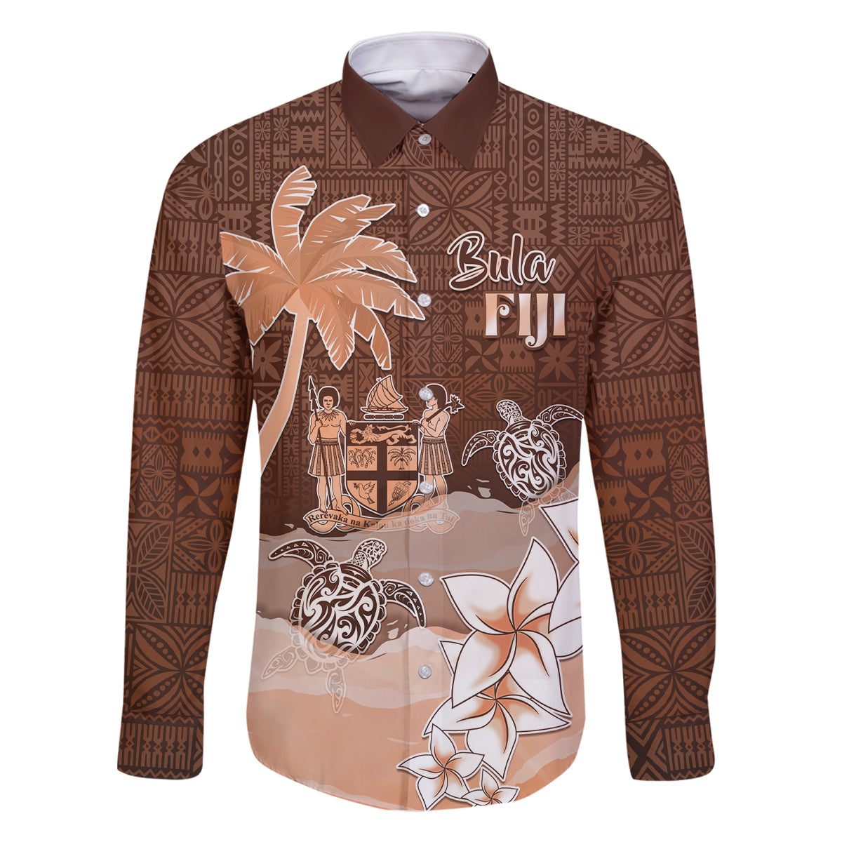 Personalised Bula Fiji Family Matching Off Shoulder Maxi Dress and Hawaiian Shirt Fijian Masi Pattern With Brown Coat Of Arms LT05 Dad's Shirt - Long Sleeve Brown - Polynesian Pride