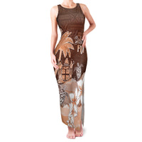 Personalised Bula Fiji Family Matching Tank Maxi Dress and Hawaiian Shirt Fijian Masi Pattern With Brown Coat Of Arms LT05 Mom's Dress Brown - Polynesian Pride