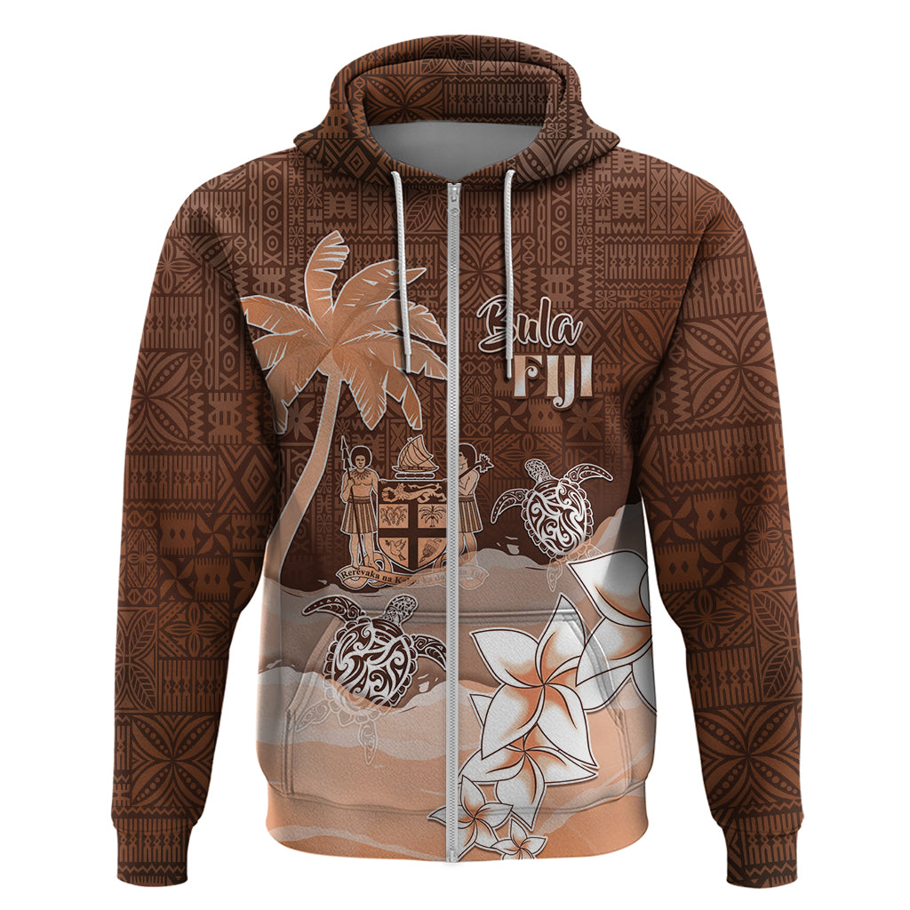 Personalised Bula Fiji Hoodie Fijian Masi Pattern With Brown Coat Of Arms LT05 Zip Hoodie Brown - Polynesian Pride