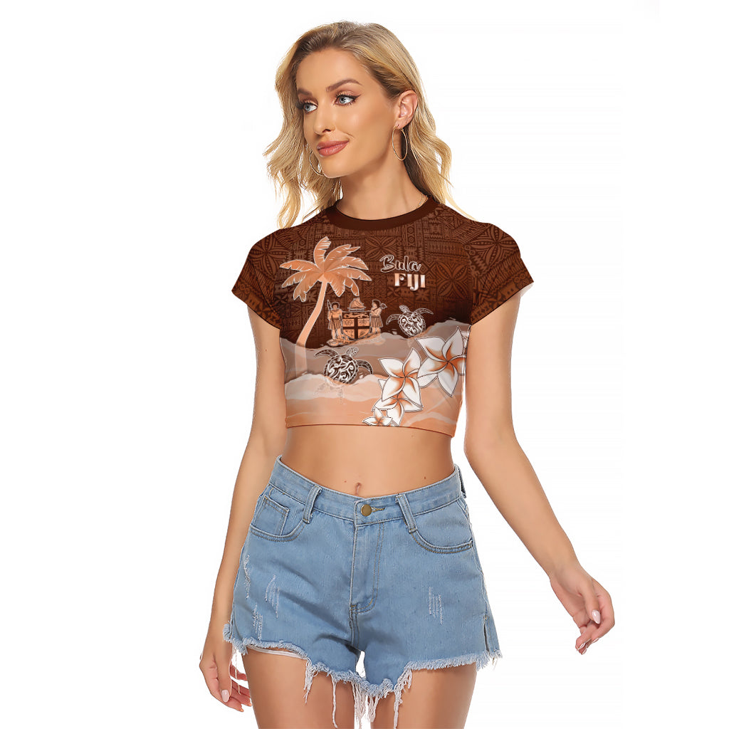 Personalised Bula Fiji Raglan Cropped T Shirt Fijian Masi Pattern With Brown Coat Of Arms LT05 Female Brown - Polynesian Pride