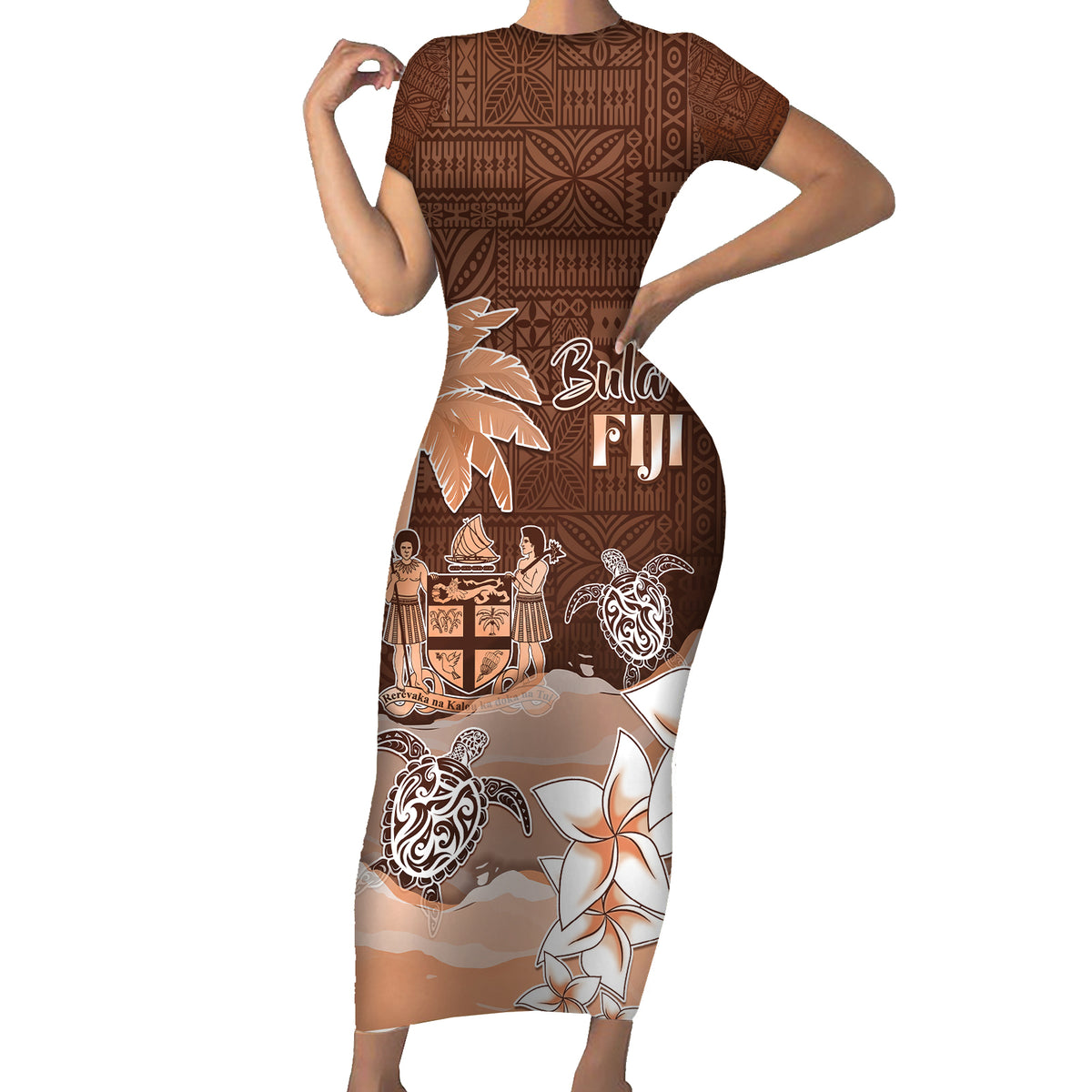 Personalised Bula Fiji Short Sleeve Bodycon Dress Fijian Masi Pattern With Brown Coat Of Arms LT05 Long Dress Brown - Polynesian Pride