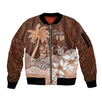 Personalised Bula Fiji Sleeve Zip Bomber Jacket Fijian Masi Pattern With Brown Coat Of Arms LT05 Unisex Brown - Polynesian Pride