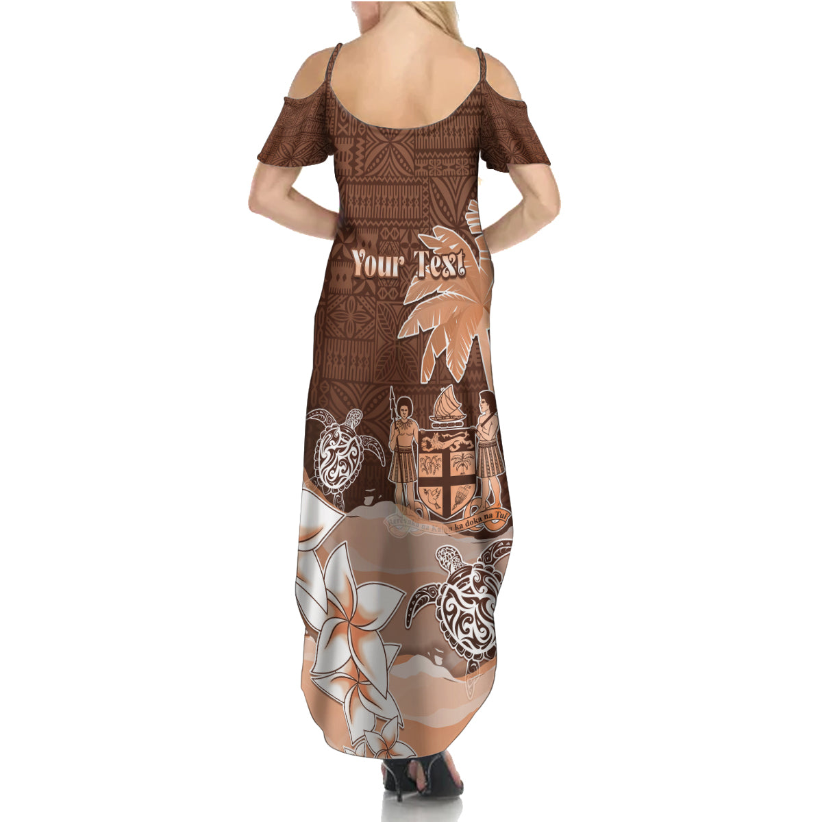 Personalised Bula Fiji Summer Maxi Dress Fijian Masi Pattern With Brown Coat Of Arms LT05 - Polynesian Pride