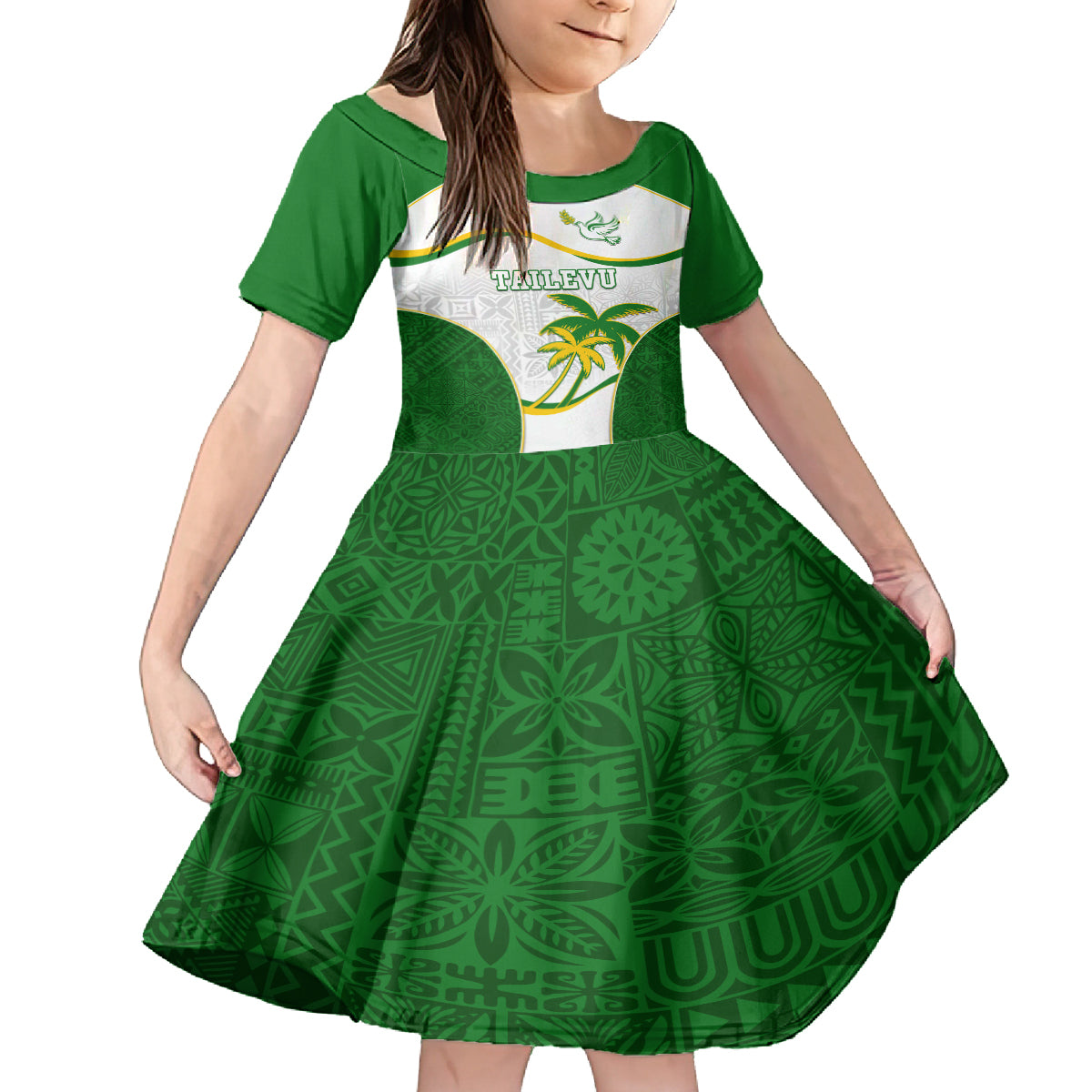 Custom Tailevu Rugby Family Matching Long Sleeve Bodycon Dress and Hawaiian Shirt Fiji Tapa Pattern LT05 Daughter's Dress Green - Polynesian Pride