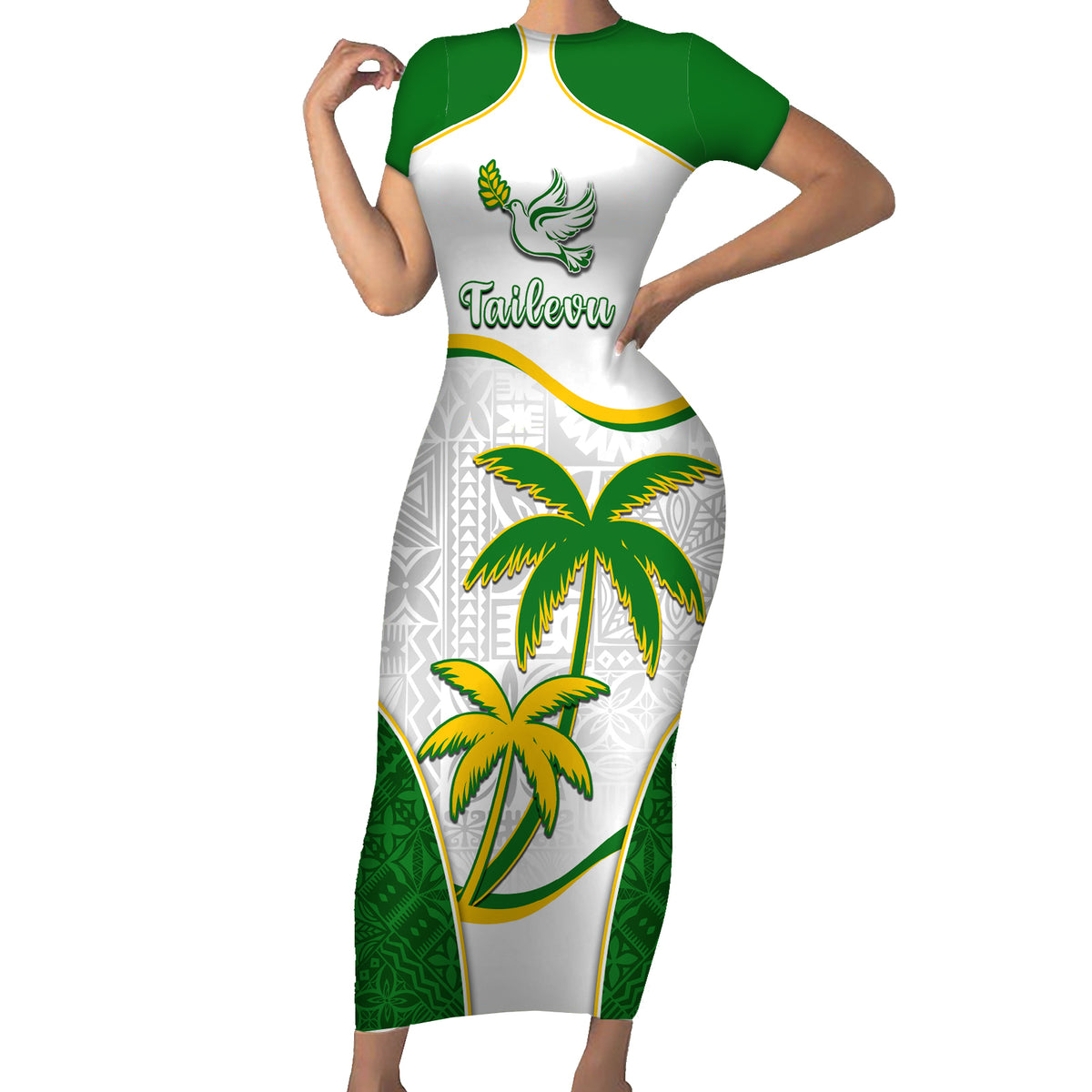 Custom Tailevu Rugby Short Sleeve Bodycon Dress Fiji Tapa Pattern LT05 Long Dress Green - Polynesian Pride