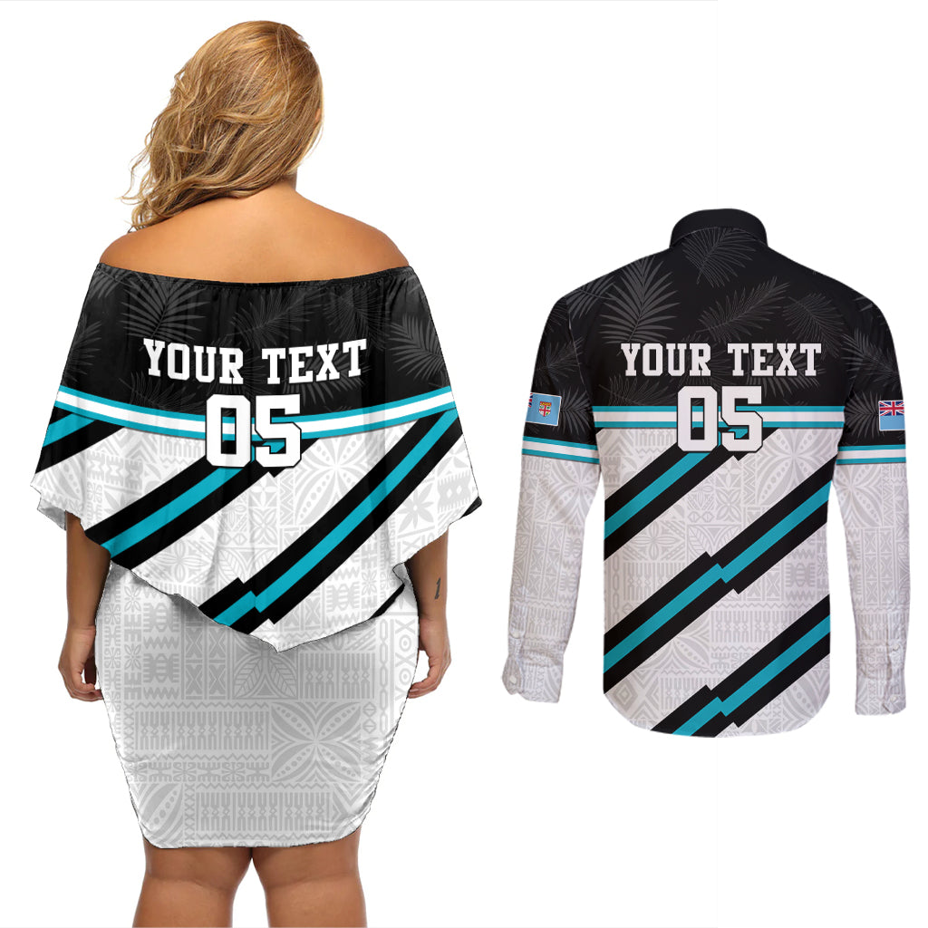 Custom Fiji Rugby Couples Matching Off Shoulder Short Dress and Long Sleeve Button Shirt Fijian 7s With Tapa Pattern LT05 - Polynesian Pride