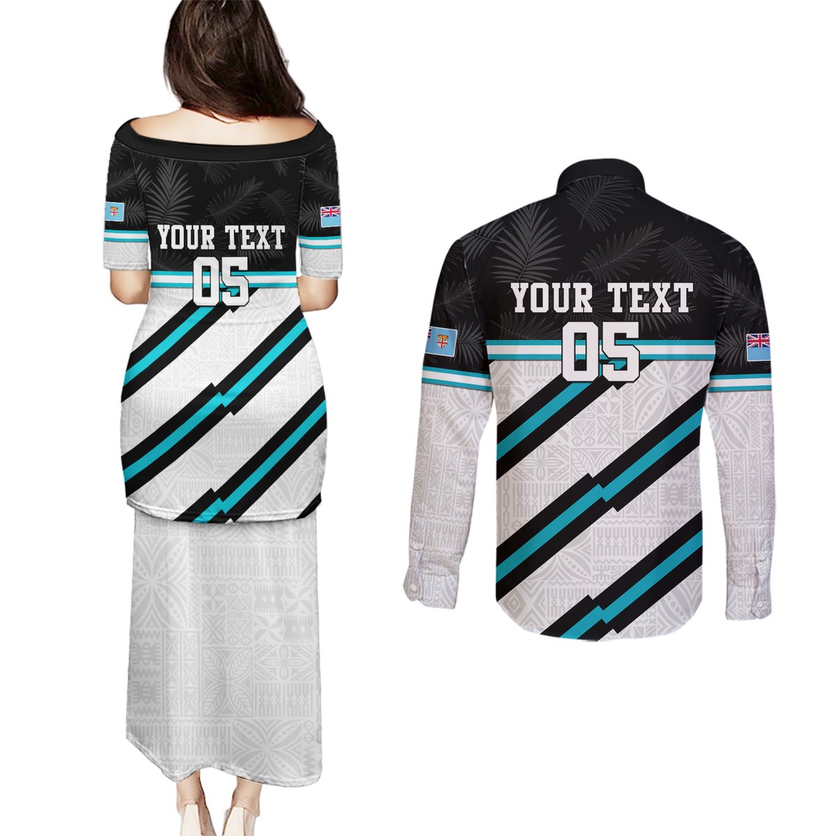 Custom Fiji Rugby Couples Matching Puletasi and Long Sleeve Button Shirt Fijian 7s With Tapa Pattern LT05 - Polynesian Pride
