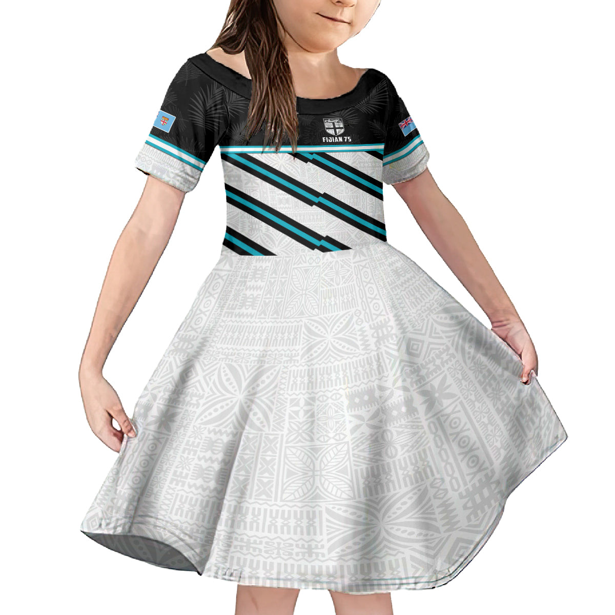 Custom Fiji Rugby Family Matching Long Sleeve Bodycon Dress and Hawaiian Shirt Fijian 7s With Tapa Pattern LT05 Daughter's Dress White - Polynesian Pride