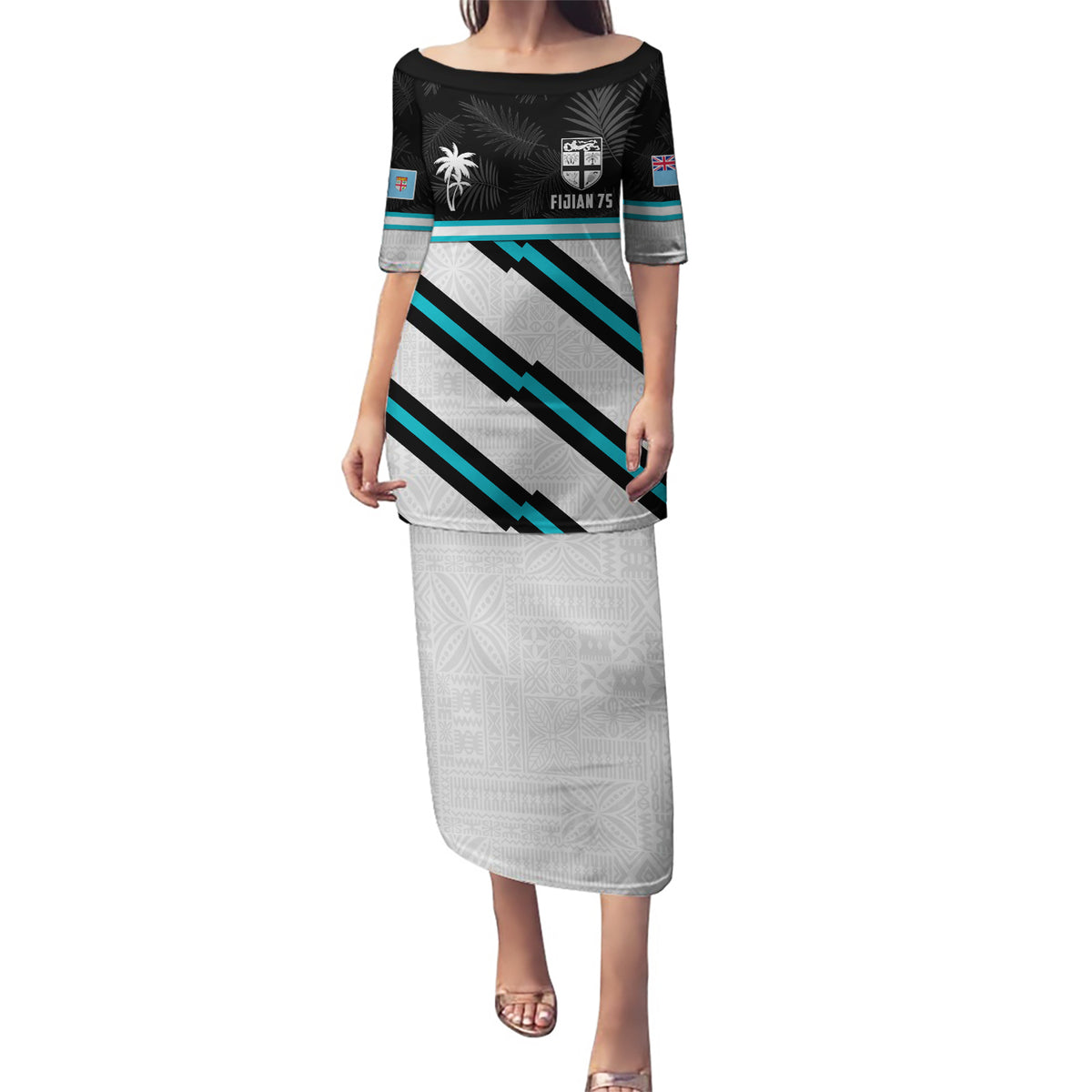 Custom Fiji Rugby Puletasi Fijian 7s With Tapa Pattern LT05 Long Dress White - Polynesian Pride