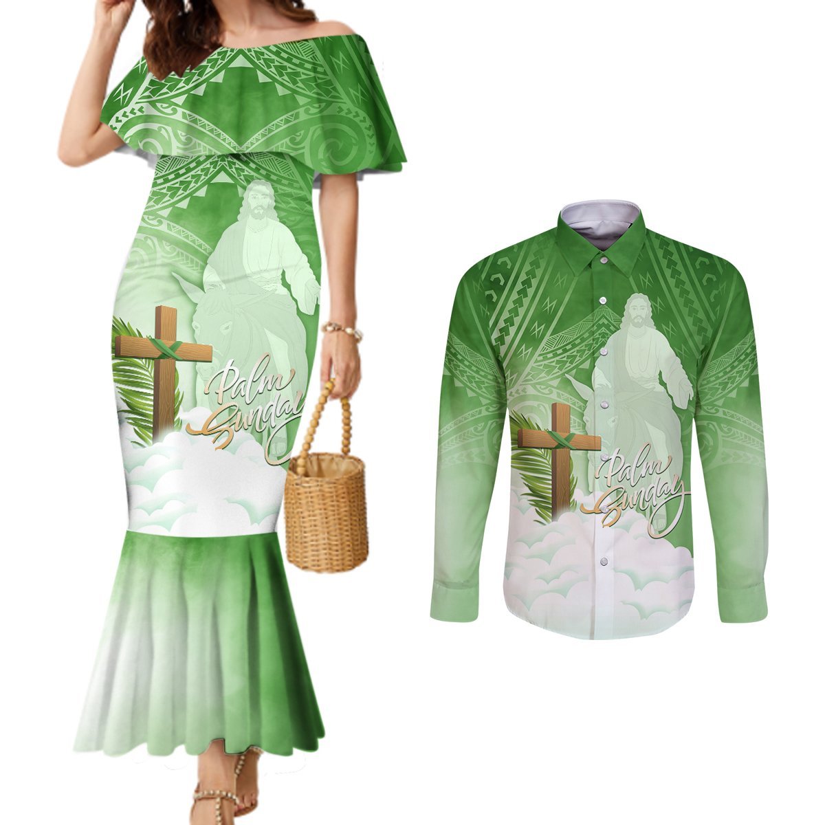 Happy Palm Sunday Couples Matching Mermaid Dress and Long Sleeve Button Shirt With Polynesian Pattern LT05 Green - Polynesian Pride