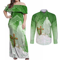 Happy Palm Sunday Couples Matching Off Shoulder Maxi Dress and Long Sleeve Button Shirt With Polynesian Pattern LT05 Green - Polynesian Pride