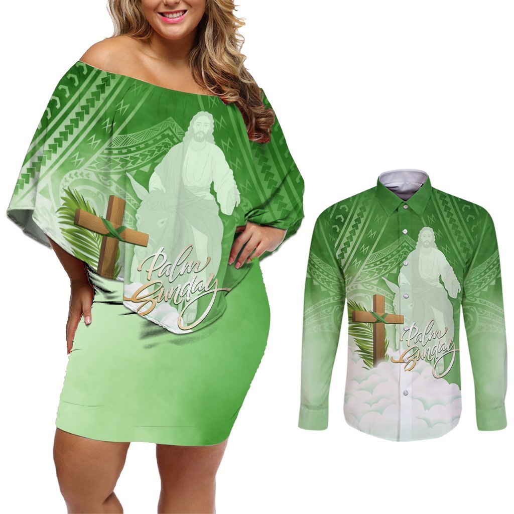 Happy Palm Sunday Couples Matching Off Shoulder Short Dress and Long Sleeve Button Shirt With Polynesian Pattern LT05 Green - Polynesian Pride