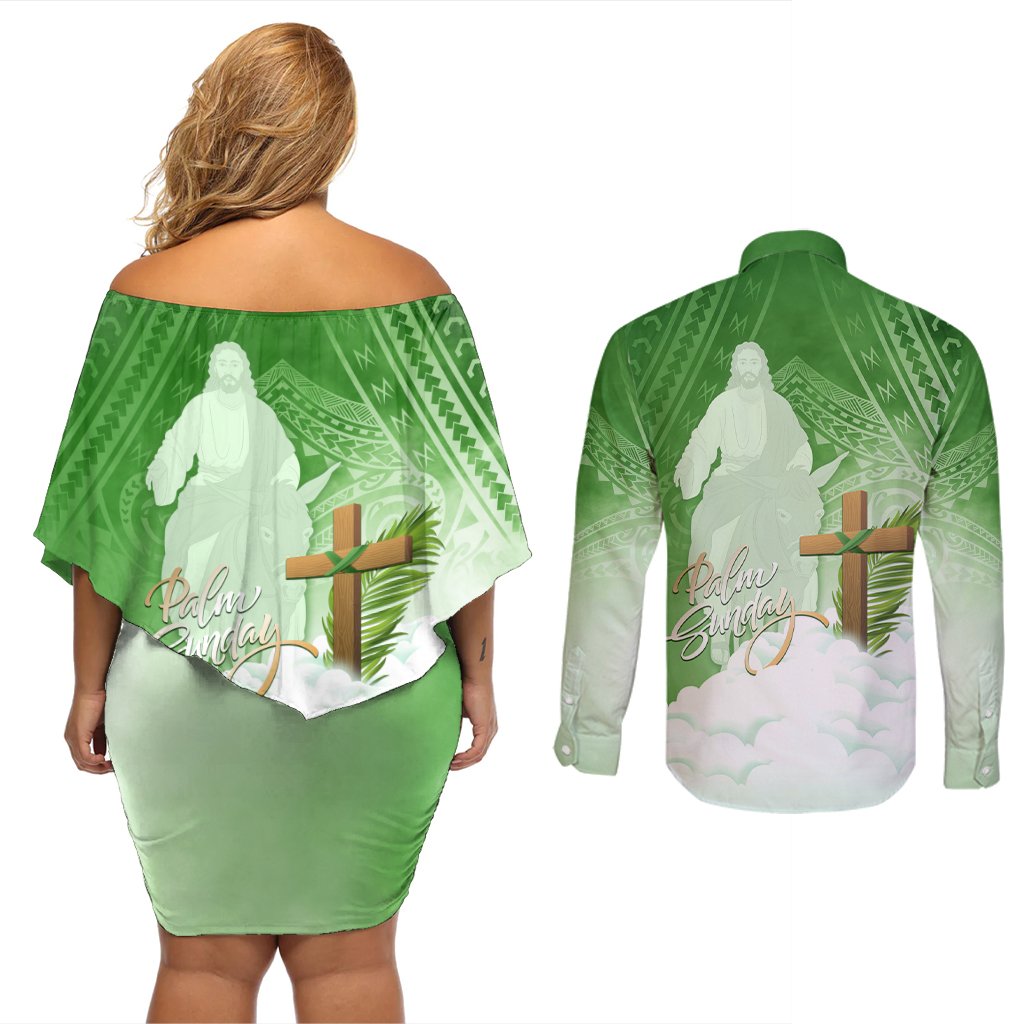 Happy Palm Sunday Couples Matching Off Shoulder Short Dress and Long Sleeve Button Shirt With Polynesian Pattern LT05 - Polynesian Pride