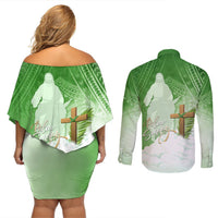 Happy Palm Sunday Couples Matching Off Shoulder Short Dress and Long Sleeve Button Shirt With Polynesian Pattern LT05 - Polynesian Pride