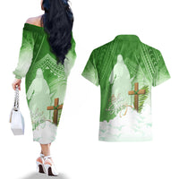 Happy Palm Sunday Couples Matching Off The Shoulder Long Sleeve Dress and Hawaiian Shirt With Polynesian Pattern LT05 - Polynesian Pride