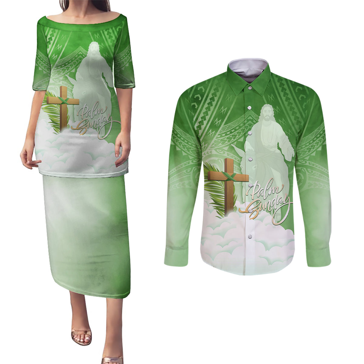 Happy Palm Sunday Couples Matching Puletasi and Long Sleeve Button Shirt With Polynesian Pattern LT05 Green - Polynesian Pride