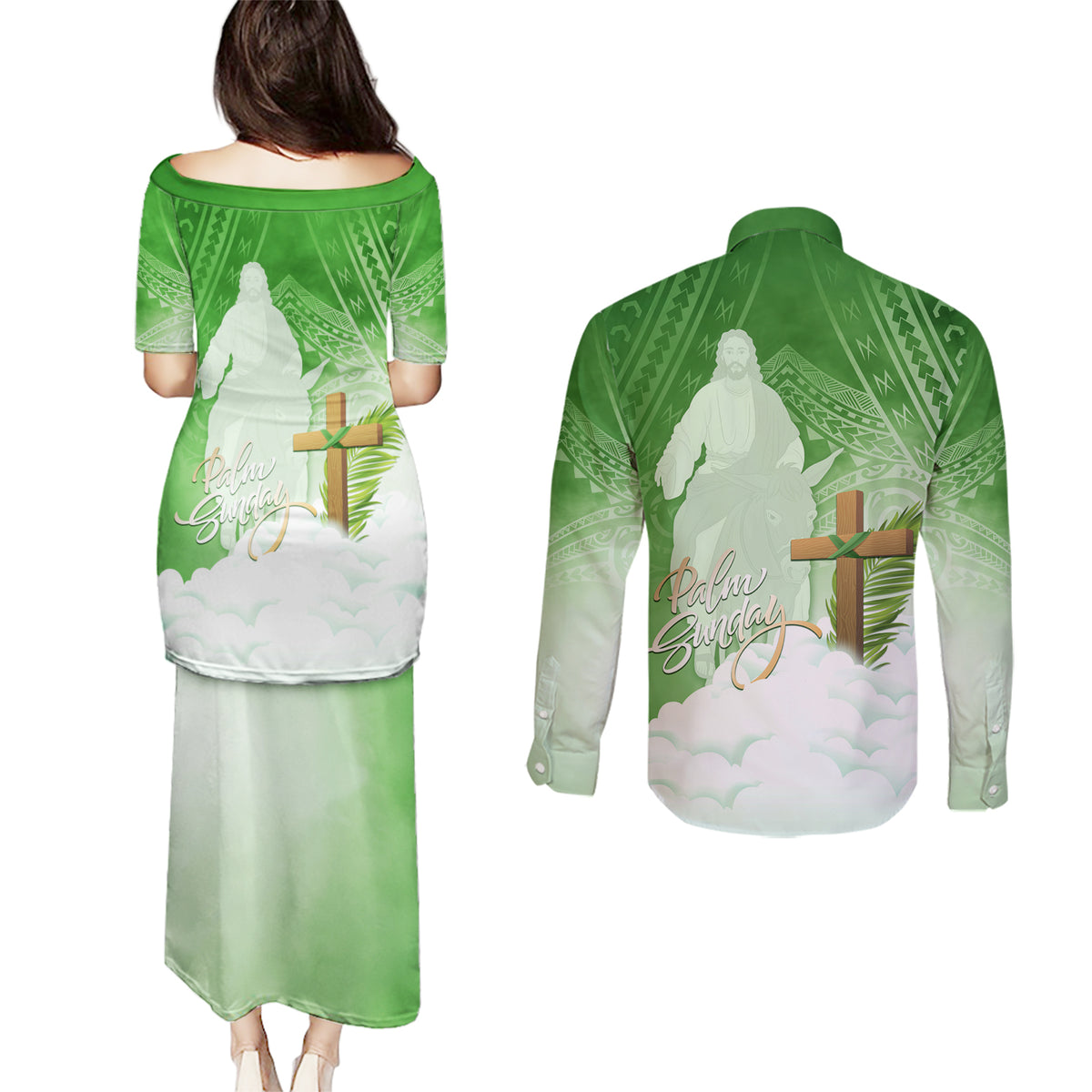 Happy Palm Sunday Couples Matching Puletasi and Long Sleeve Button Shirt With Polynesian Pattern LT05 - Polynesian Pride