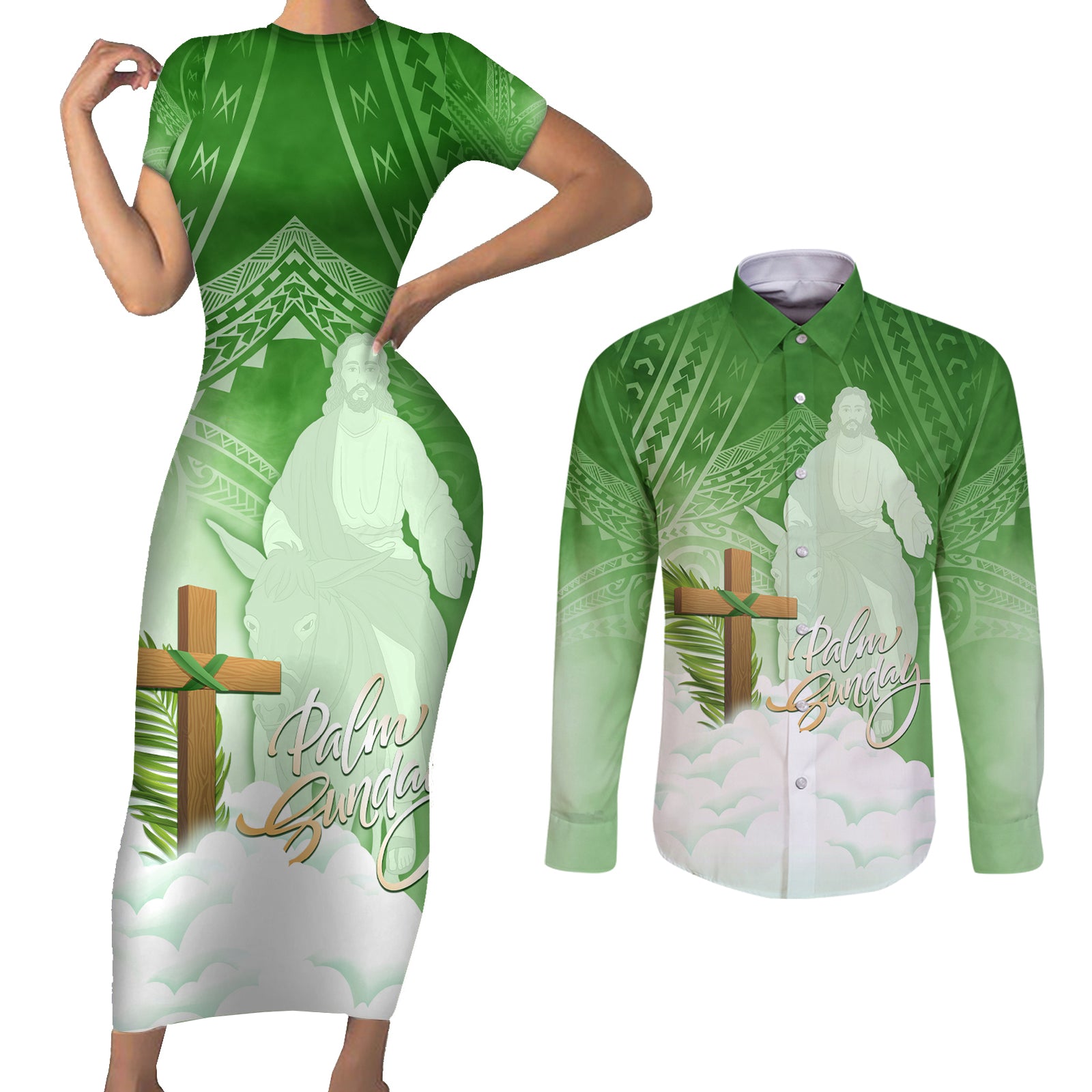 Happy Palm Sunday Couples Matching Short Sleeve Bodycon Dress and Long Sleeve Button Shirt With Polynesian Pattern LT05 Green - Polynesian Pride