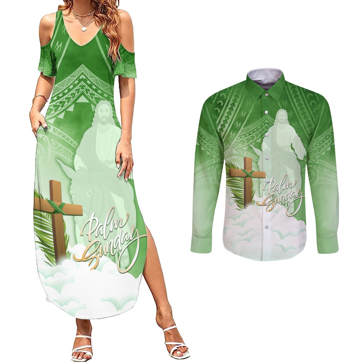 Happy Palm Sunday Couples Matching Summer Maxi Dress and Long Sleeve Button Shirt With Polynesian Pattern LT05 Green - Polynesian Pride