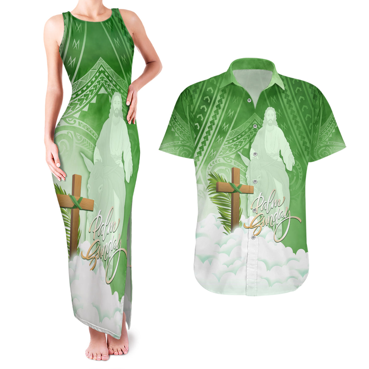 Happy Palm Sunday Couples Matching Tank Maxi Dress and Hawaiian Shirt With Polynesian Pattern LT05 Green - Polynesian Pride