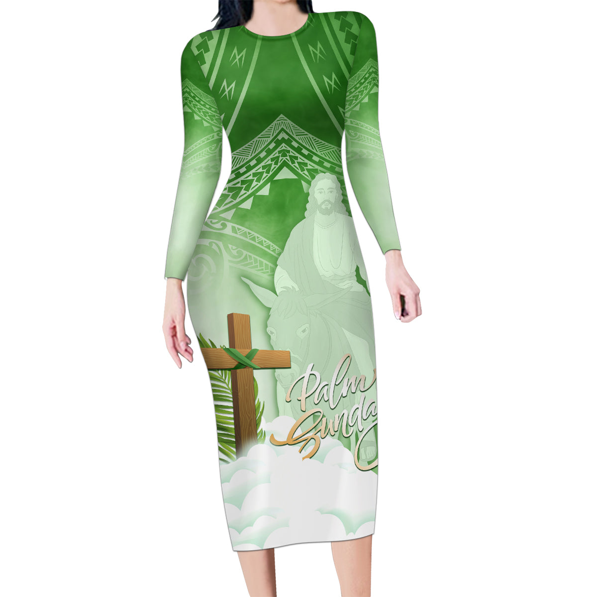Happy Palm Sunday Family Matching Long Sleeve Bodycon Dress and Hawaiian Shirt With Polynesian Pattern LT05 Mom's Dress Green - Polynesian Pride