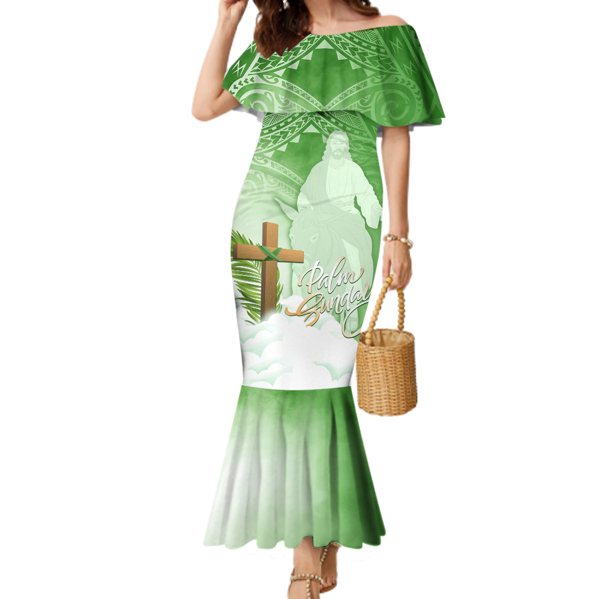 Happy Palm Sunday Family Matching Mermaid Dress and Hawaiian Shirt With Polynesian Pattern LT05 Mom's Dress Green - Polynesian Pride