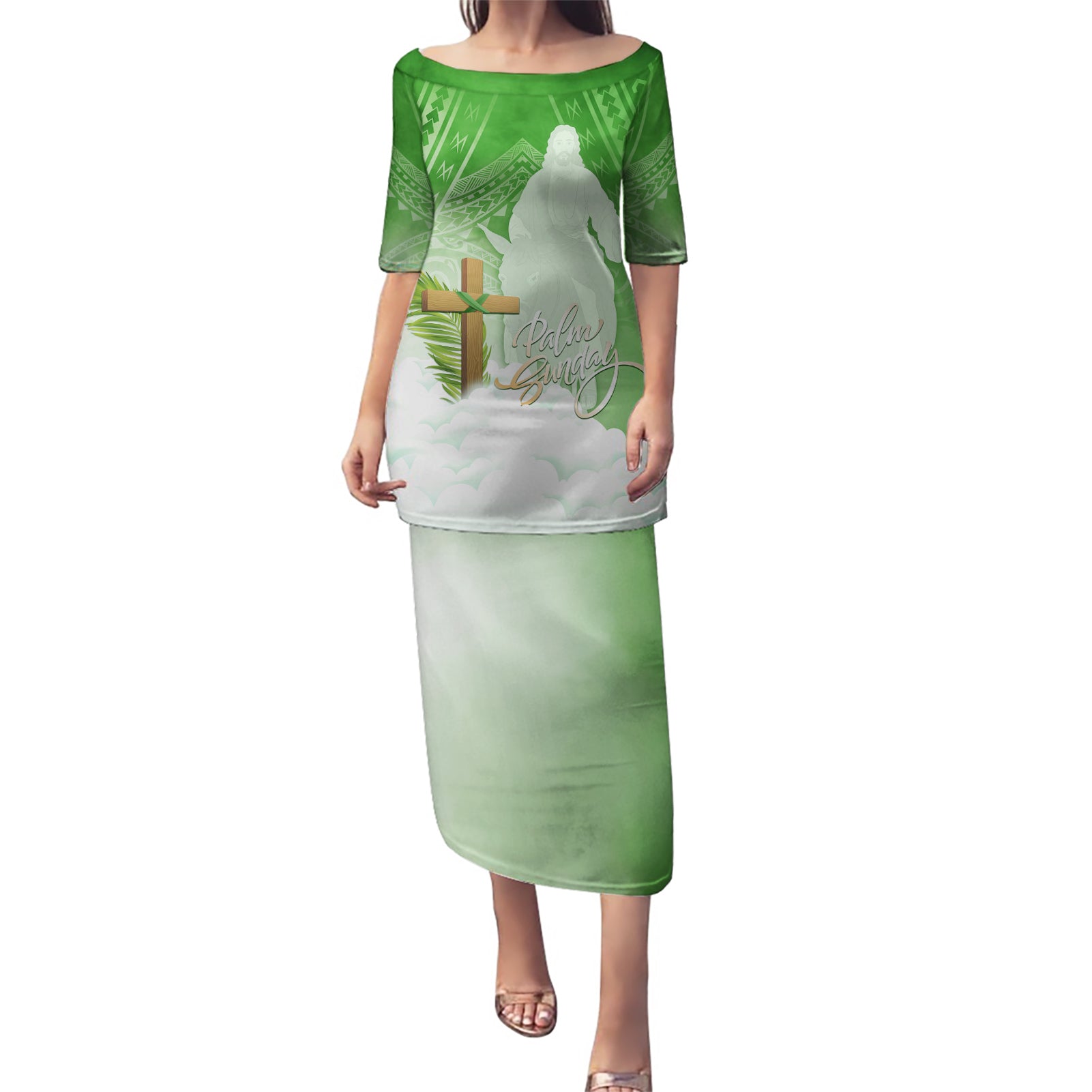 Happy Palm Sunday Puletasi With Polynesian Pattern LT05 Long Dress Green - Polynesian Pride