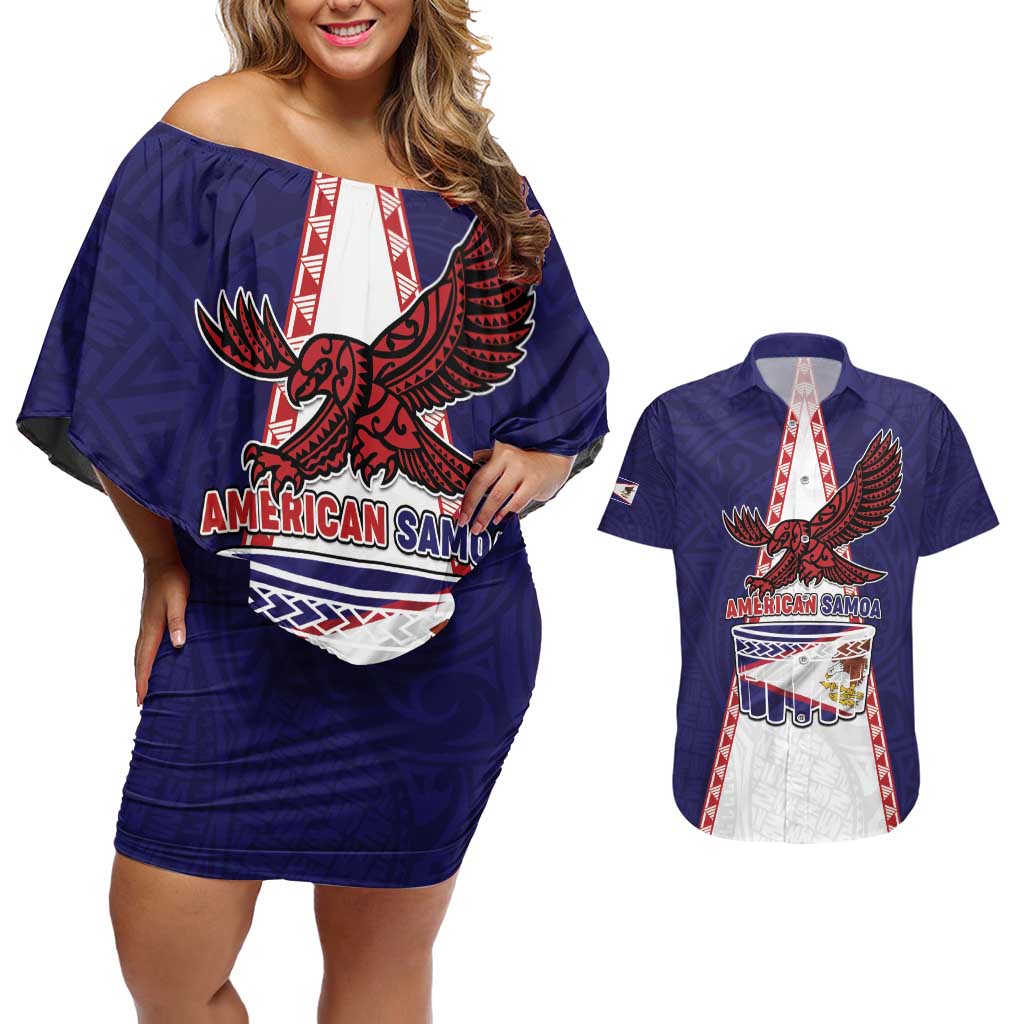 Personalised American Samoa Flag Day Couples Matching Off Shoulder Short Dress and Hawaiian Shirt Flag Style