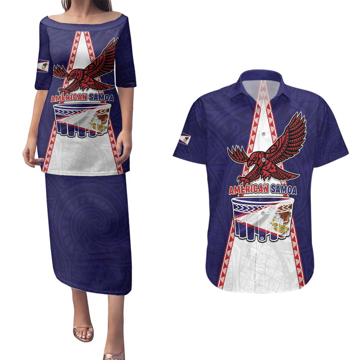 Personalised American Samoa Flag Day Couples Matching Puletasi and Hawaiian Shirt Flag Style