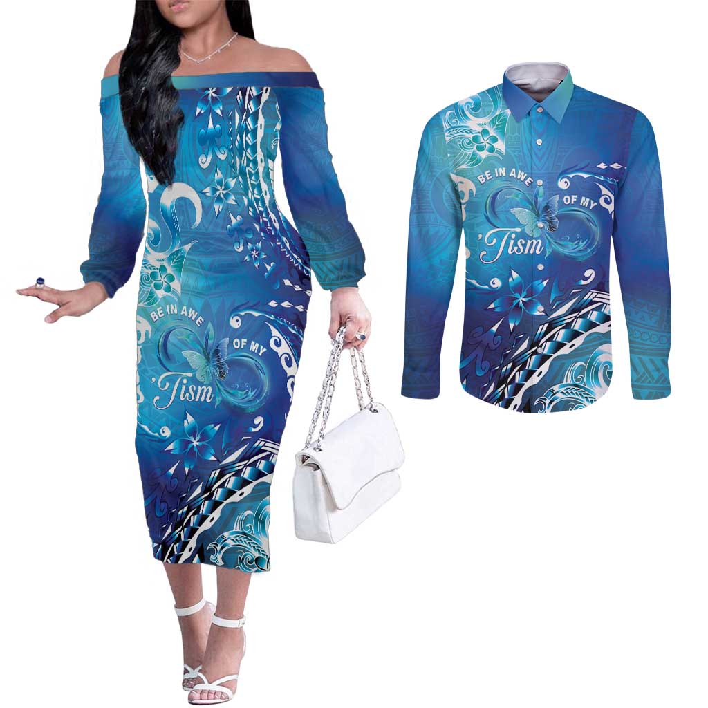 Polynesia Autism Awareness Couples Matching Off The Shoulder Long Sleeve Dress and Long Sleeve Button Shirt Be In Awe Of My 'Tism