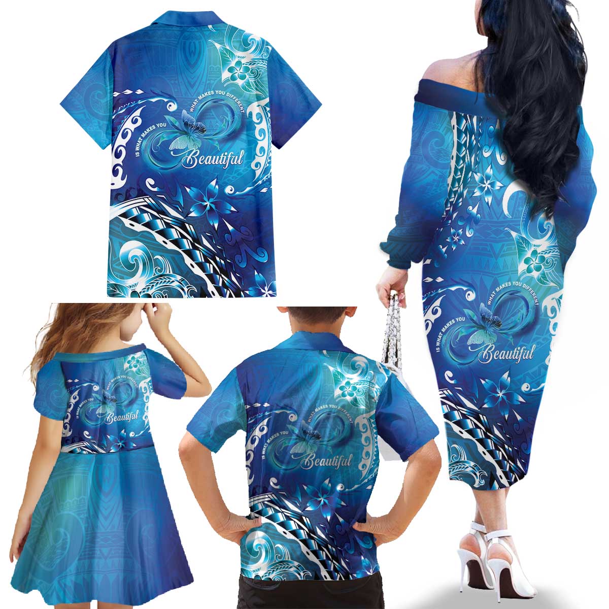 Polynesia Autism Awareness Family Matching Off The Shoulder Long Sleeve Dress and Hawaiian Shirt Be In Awe Of My 'Tism