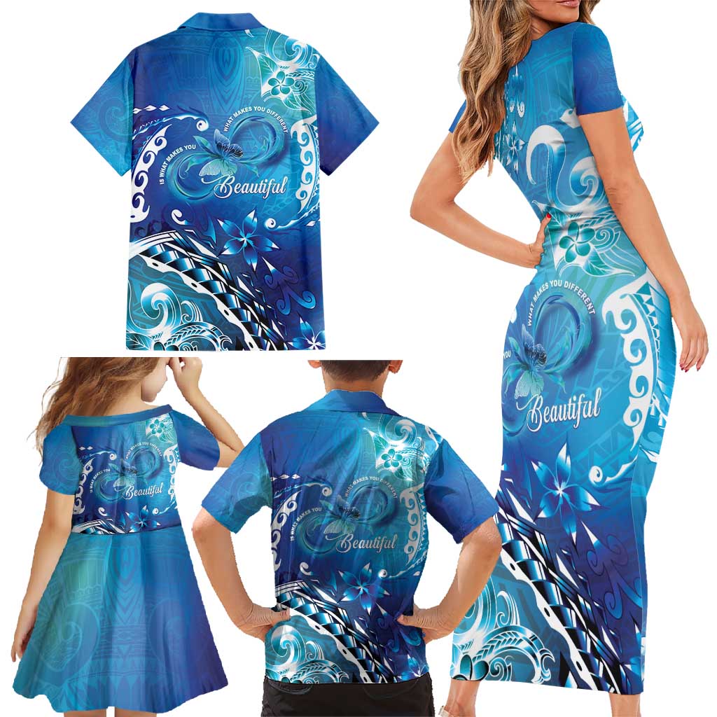 Polynesia Autism Awareness Family Matching Short Sleeve Bodycon Dress and Hawaiian Shirt Be In Awe Of My 'Tism