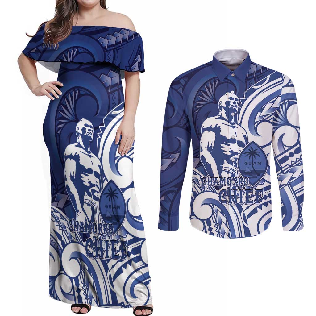Guam Chief Kepuha Couples Matching Off Shoulder Maxi Dress and Long Sleeve Button Shirt Chamorro Pride