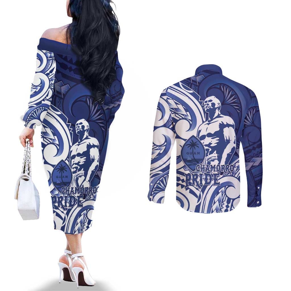 Guam Chief Kepuha Couples Matching Off The Shoulder Long Sleeve Dress and Long Sleeve Button Shirt Chamorro Pride