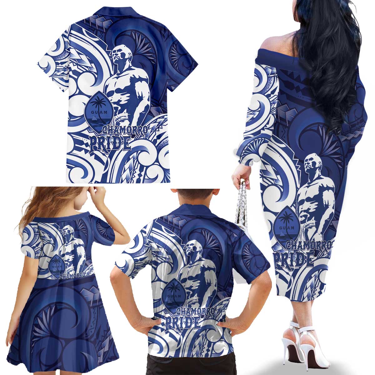 Guam Chief Kepuha Family Matching Off The Shoulder Long Sleeve Dress and Hawaiian Shirt Chamorro Pride