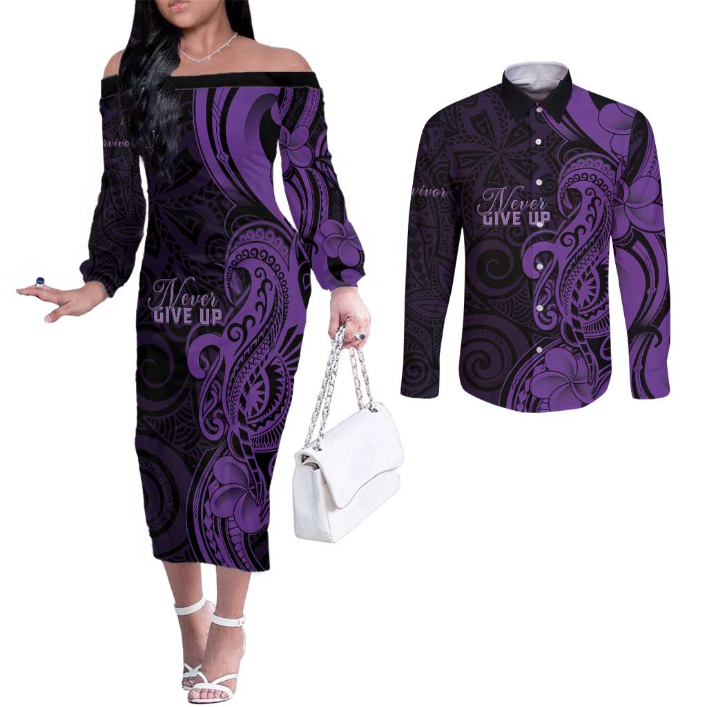 Personalised Lupus Warrior Couples Matching Off The Shoulder Long Sleeve Dress and Long Sleeve Button Shirt Never Give Up Polynesian Style